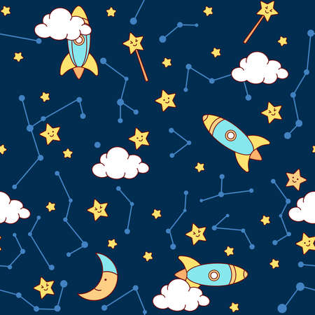 Seamless space pattern with spaceships,clouds and stars on the dark background. Cartoon vector...