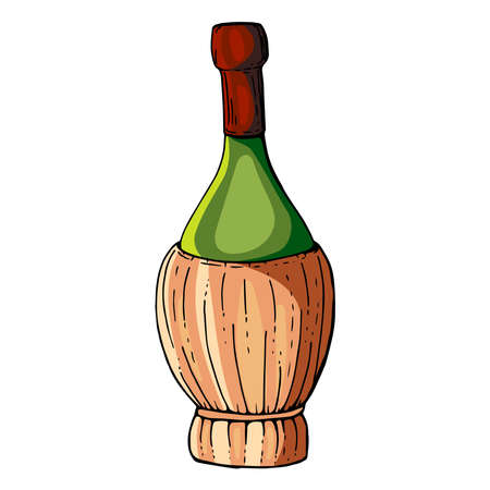 Red wine in italian fiasco bottle isolated on white background cartoon vector illustrationのイラスト素材