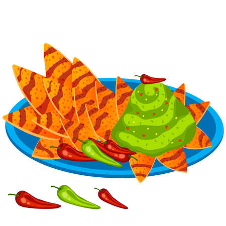 Mexican corn nachos with green sauce and peppers on a blue plate. Cartoon vector illustration isolated on white background.のイラスト素材
