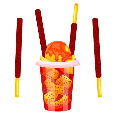 Mango ice cream with Mexican chilly powder isolated on white background cartoon vector illustration. Mexican dessert with peppers.のイラスト素材