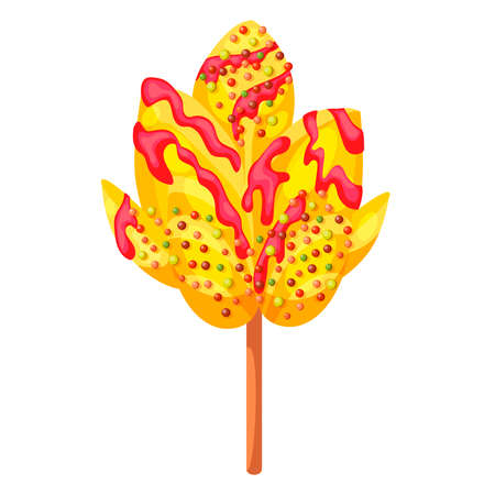 Mango cut like flower with red syrup and tasty colorful powder isolated on white background cartoon vector illustration.のイラスト素材