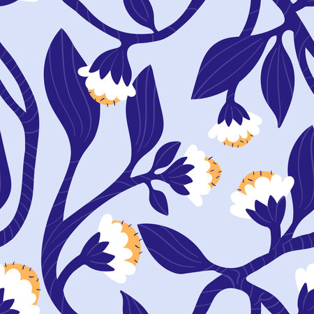 Floral seamless pattern with white flowers and dark blue leaves with texture. Seamless pattern with...