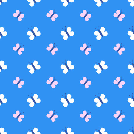Seamless pattern with doodle butterflies on blue background. Vector simple colorful pattern with butterfliesのイラスト素材