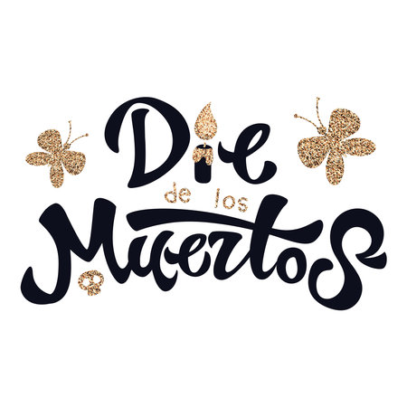 Dia de los Muertos, day of the Dead spanish text lettering with gold glitter vector illustration with butterfliesのイラスト素材