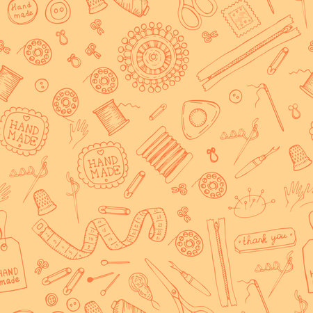 Vector seamless pattern with tools and accessories for sewing on yellow background.のイラスト素材