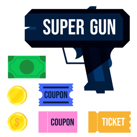 Cartoon dark blue super gun with set of coupons, coins and money isolated on white background. Machine gun for holiday games, party or event show.のイラスト素材
