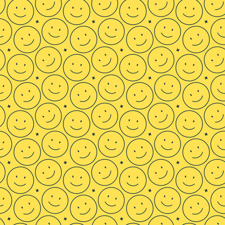 Vector seamless pattern with cute smiles on yellow background. Smiling emoticons pattern.のイラスト素材