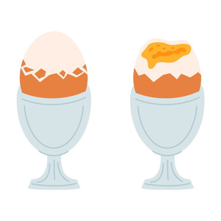 Boiled brown chicken egg in egg cup. Healthy morning protein breakfast . Flat vector cartoon soft egg illustration isolated on white background.のイラスト素材