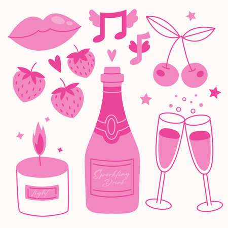 Pink set cartoon illustration of romantic objects.Cartoon bottle with glasses and fruitのイラスト素材