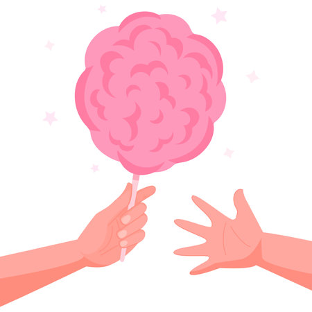 Hand with pink candy floss with little stars on white background. Hand giving the cotton candy to child hand.のイラスト素材