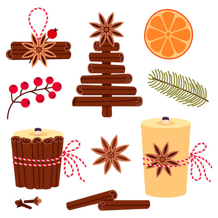 Christmas tree from cinnamon sticks cartoon vector illustration, Handmade christmas decorations made of spices, DIY. Christmas aroma candles with dry anise and cinnamon sticksのイラスト素材