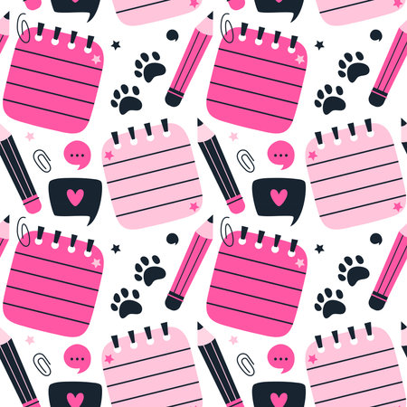Pattern of cute pink note with pencil, cat paws, stars and cute little elements. Cartoon seamless pattern with notepad and pencilのイラスト素材