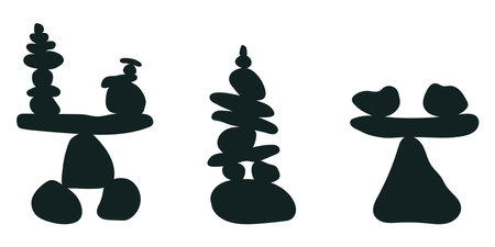 Balance stones. Balanced pebbles isolated on white background. Rock balancing illustration. Counterbalance set of rocks. Rocks piled in balanced stacks.のイラスト素材