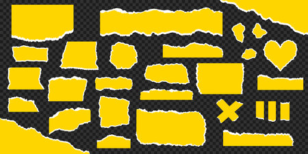 Pieces of torn yellow paper on transparent background. Set of torn paper with rough uneven edges. Paper of different shapes and sizes isolated on backgroundのイラスト素材