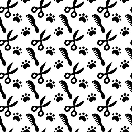 Cute pattern with animal combs, scissors and paw track. Seamless pattern with pet tools and animals paws on white background. Black and white pattern.のイラスト素材