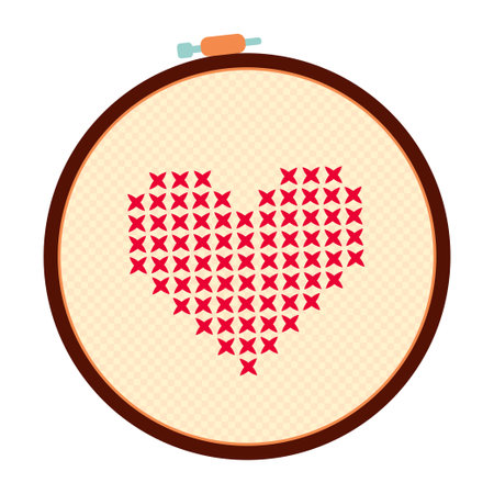 Cross heart hand embroidery. Embroidery hoop with red heart embroidery. Cartoon vector illustration of red heart decoration on cloth isolated on white background.のイラスト素材