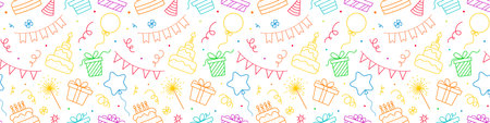 Happy birthday seamless pattern on white background. Cute birthday doodle pattern with colorful elements. Horizontal vector patternのイラスト素材