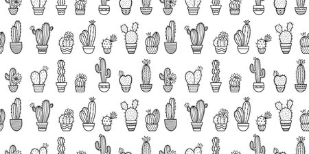 Pattern of cactus in doodle style. Seamless pattern of succulent on white background. Cacti home plants hand drawn backgroundのイラスト素材