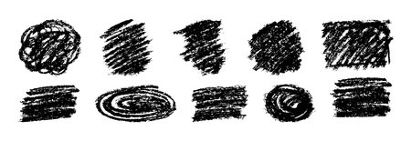 Grunge freehand shapes different forms. Chalk design elements isolated on white background. Black set drawn charcoal element for notes.のイラスト素材