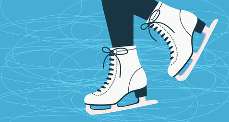 Skating on rink vector illustration. Winter sport background with space for text. White skates cartoon illustrationのイラスト素材