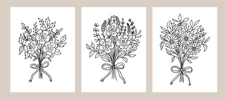 Hand drawn doodle bundle of flowers isolated on white background. Floral bouquet set cardsのイラスト素材