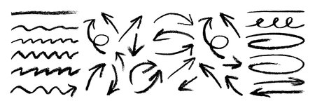 Black charcoal arrows strokes different forms. Set of lines elements on white background. Rough charcoal arrows and ovals. Brush elements for notes and underlining in text.のイラスト素材