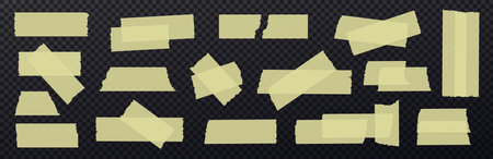 Ripped sticky tape. Set of yellow transparent adhesive tape different forms. Torn pieces of paper tape isolated on dark transparent background.のイラスト素材