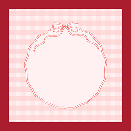 Vintage ribbon frame on red square background. Pretty round frame from ribbon with bow and space for text.のイラスト素材