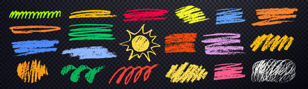 Colorful crayon underline elements on transparent background. Set of hand drawn scribble lines in childish style. Elements rough crayon strokes for notesのイラスト素材
