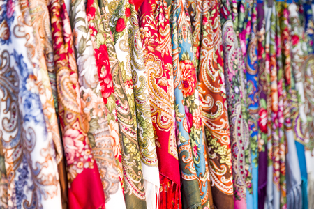 Rows Of Traditional Russian Colorfull Headscarfs. Popular Russian Souvenir.の写真素材