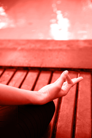 Cropped image of beautiful girl in sportswear meditating while doing yoga.の写真素材