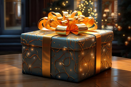 3d render of christmas gift box with golden bow on wooden tableの素材