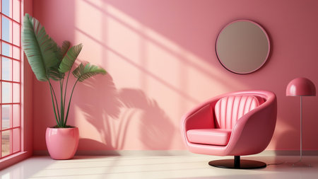 Inviting pink space, featuring a sofa and decorative round mirror.の素材
