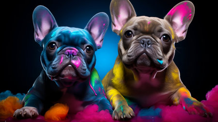 Cute French bulldogs with color paint smears on dark background. Small flat faced dogs lie in colorful clouds. Canine pets portraitの素材