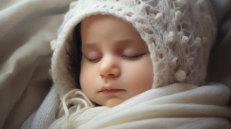 Adorable sleeping baby in knitted cap wrapped soft blanket closeup. Calm newborn child napping in cot with plaid. Healthy little kidの素材