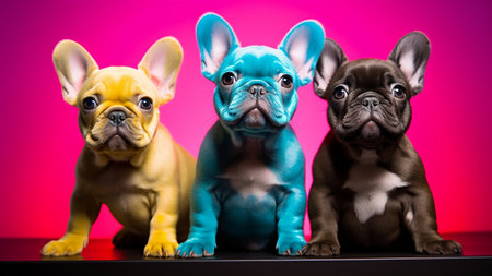 Three Cute French painted bulldogs on pink neon background. Small flat faced dogs lie in colorful clouds. Canine pets portraitの素材