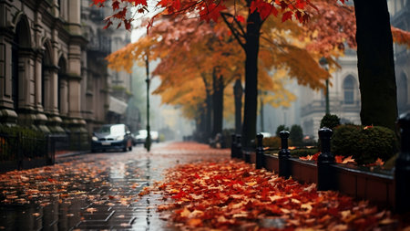 Empty wet street with fallen leaves and orange trees in autumn season. Rainy dayの素材