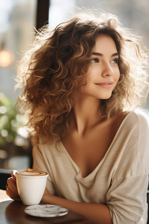 Young beautiful caucasian woman with curly hair enjoying cappuccino in cafe. Generative AIの素材