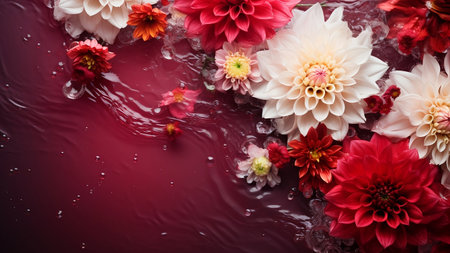 Beautiful flowers floating in red colored water. autumn concept. Top view, Generative AI.の素材