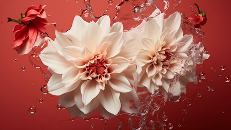 Two big beautiful piony heads flowers floating in colored water. autumn concept. Generative AI.の素材