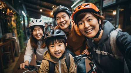 Happy asian family travel by bicycle in the city.Asian family travel lifestyle concept.の素材