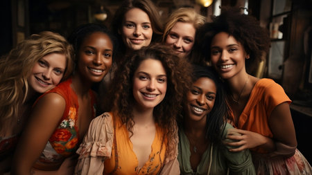 Group of happy multiracial women hugging at friends meeting. Joyful ladies enjoying party together in club. Racial and age diversityの素材