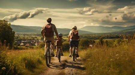 Happy family riding bicycle at the nature. Caring parents with children enjoying active hobby and sportの素材