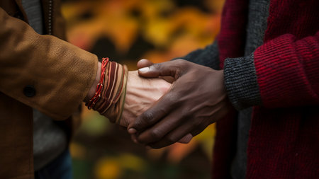 Diverse white and afro gay couple holding hands, cropped photo on the street.の素材