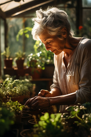 Senior woman with glasses taking care of young seedlings in sunny greenhouse. Mature lady growing small plants in botanical centerの素材