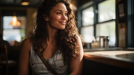Portrait of a beautiful young woman smiling at the camera in a cafeの素材