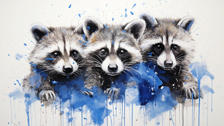 Three raccoons with blue paint splashes on a white backgroundの素材