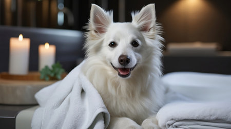 After a doggy spa a white canine rests on a towel embodying calmness.の素材