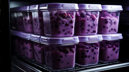 Frozen blackberry and blueberry yogurt in plastic jars in refrigeratorの素材