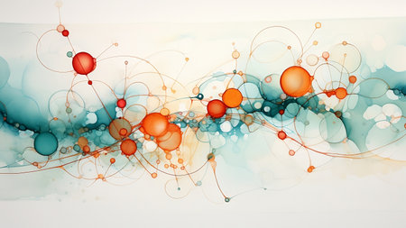 Watercolor paint red round smears on green and yellow pattern. Abstract illustration with stylish stains and splashesの素材